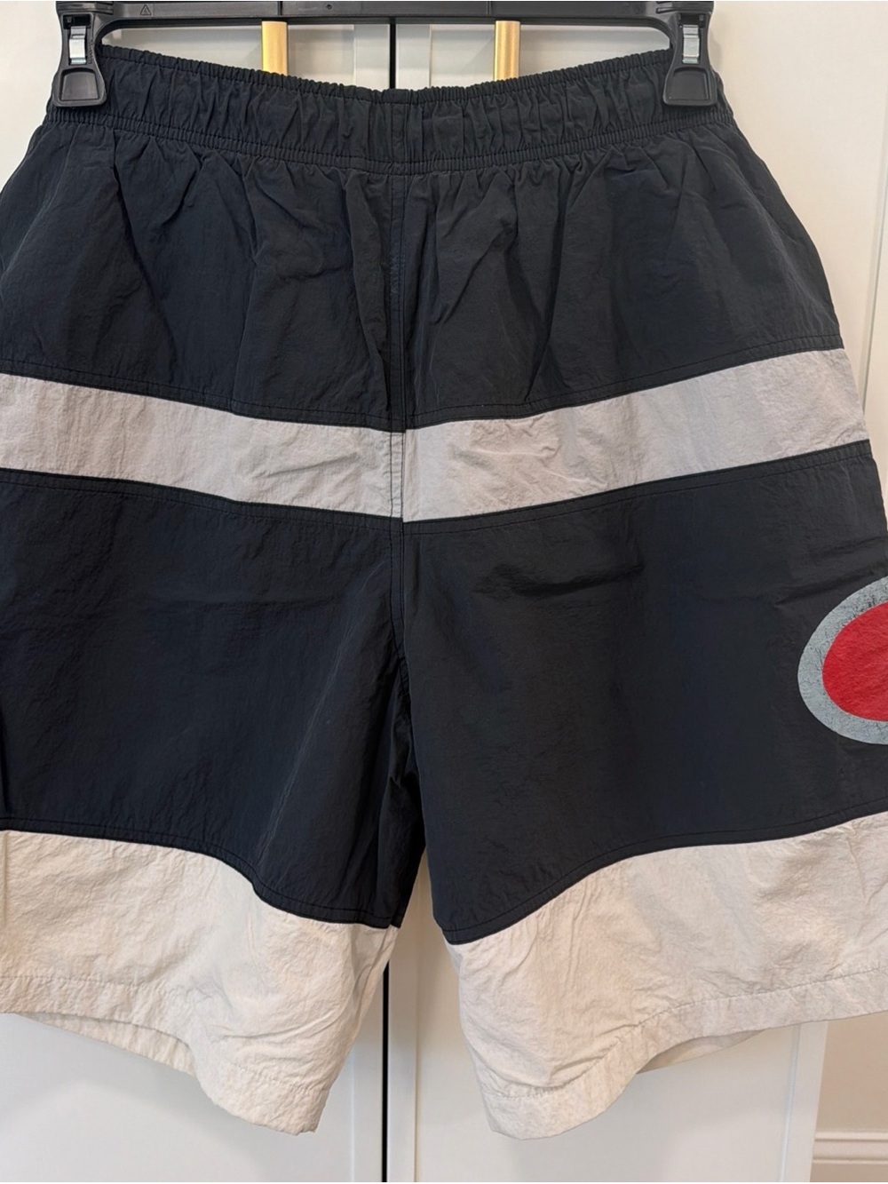 Champion Black & White Colorblock Swim Trunks with Red Logo